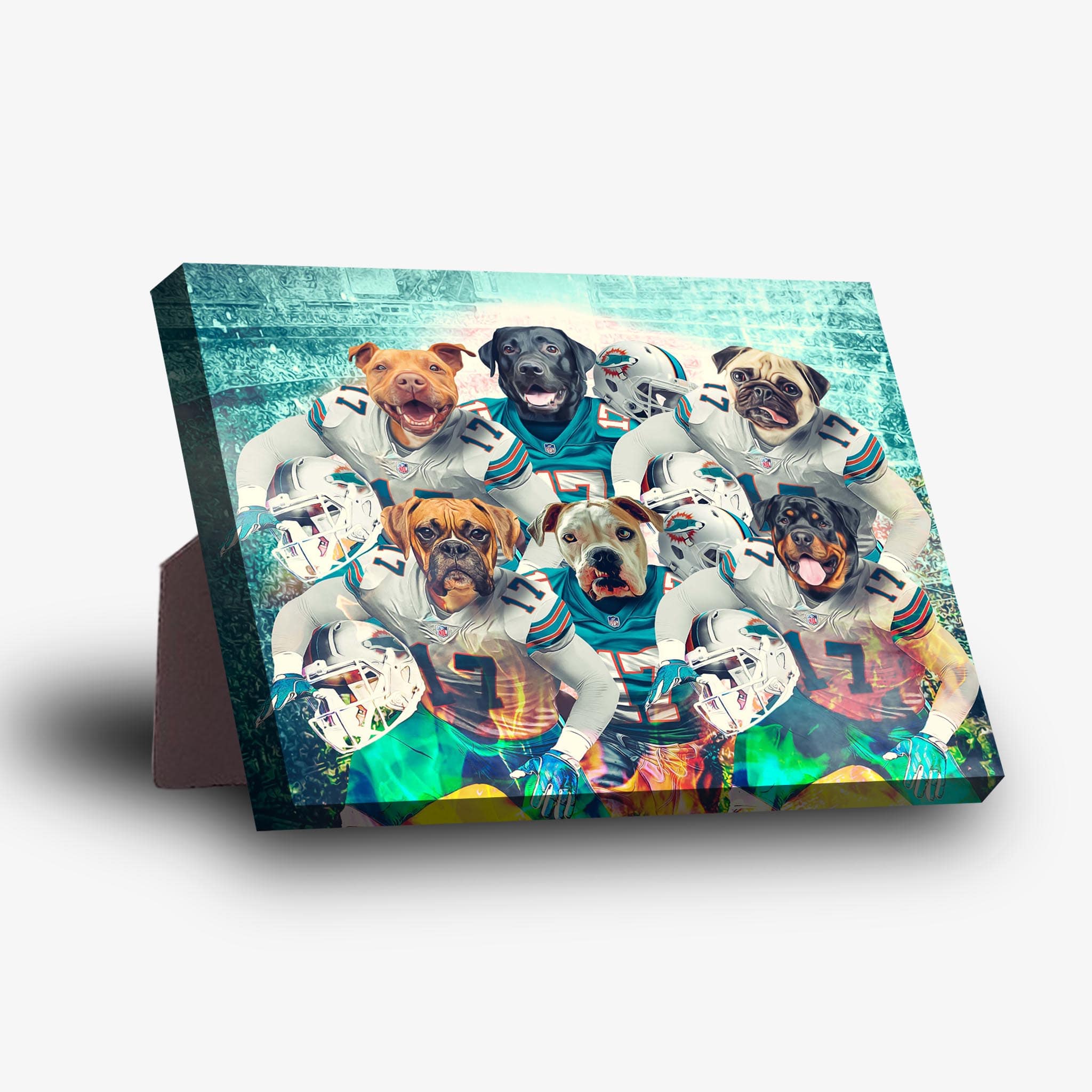 Personalized 'Miami Doggos' 6-pet standing canvas featuring dogs in football uniforms with a sturdy back stand.