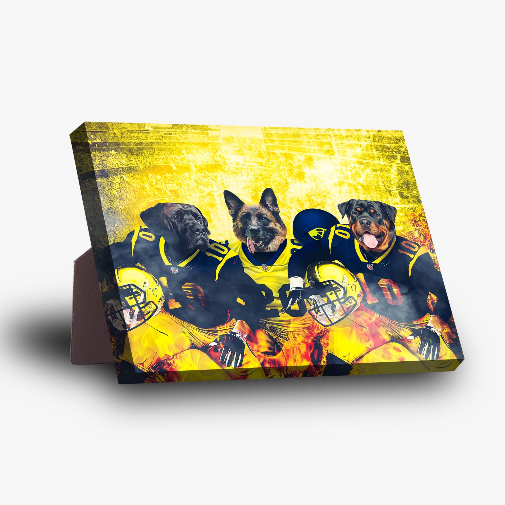Personalized 3-pet standing canvas featuring dogs in Michigan football jerseys against a yellow, fiery background.