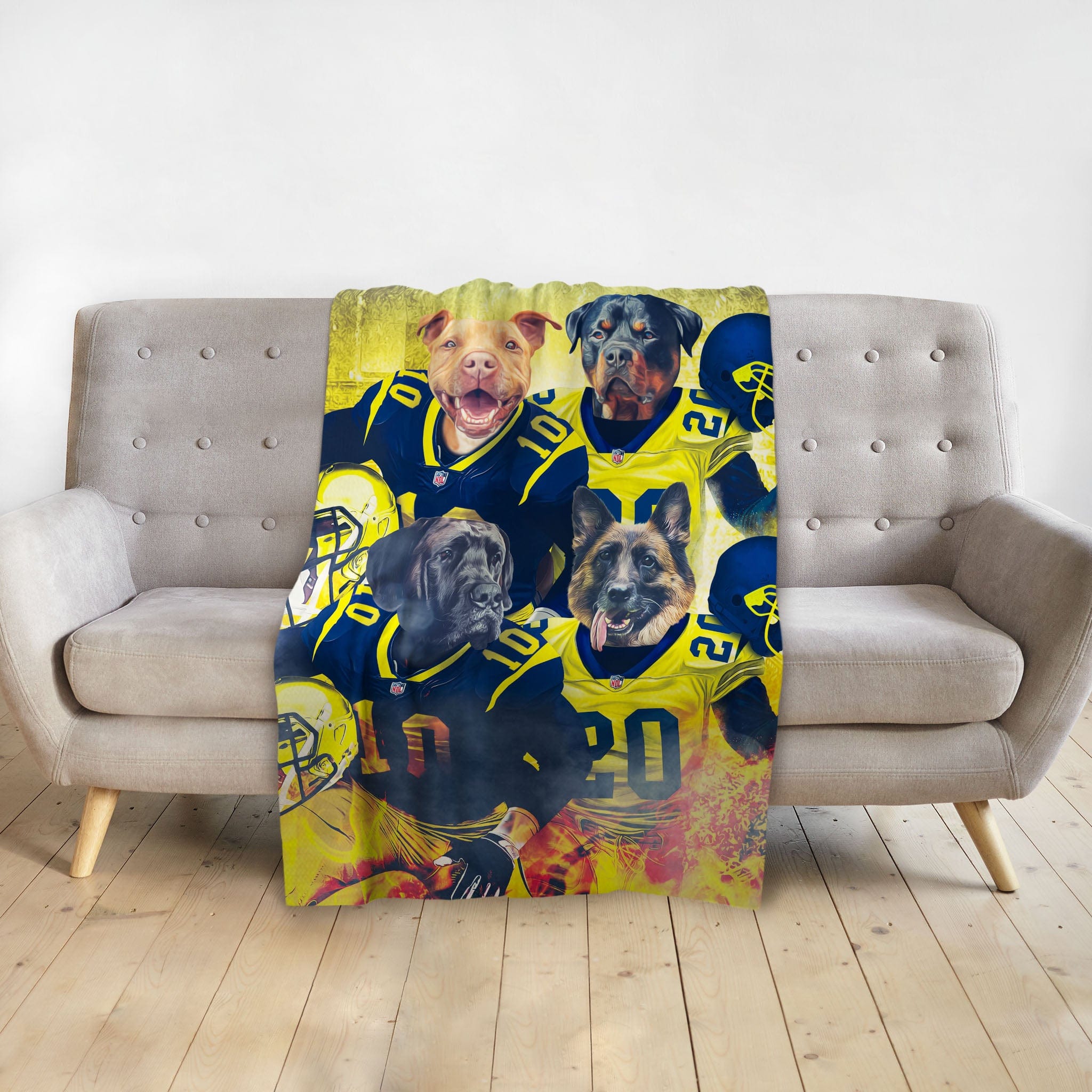 Personalized Michigan Doggos 4-pet blanket with dogs in blue and yellow football jerseys.