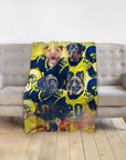 Personalized Michigan Doggos 4-pet blanket with dogs in blue and yellow football jerseys.
