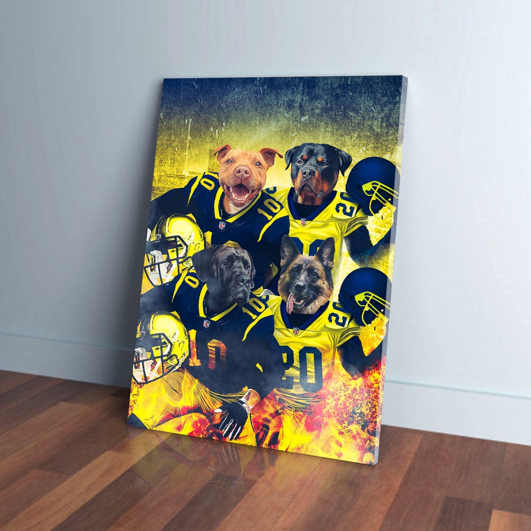 Custom 4-pet canvas featuring dogs in blue and yellow football uniforms with helmets and fiery effects.