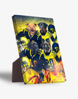 Personalized 'Michigan Doggos' standing canvas featuring four pets as football players in blue and yellow uniforms.