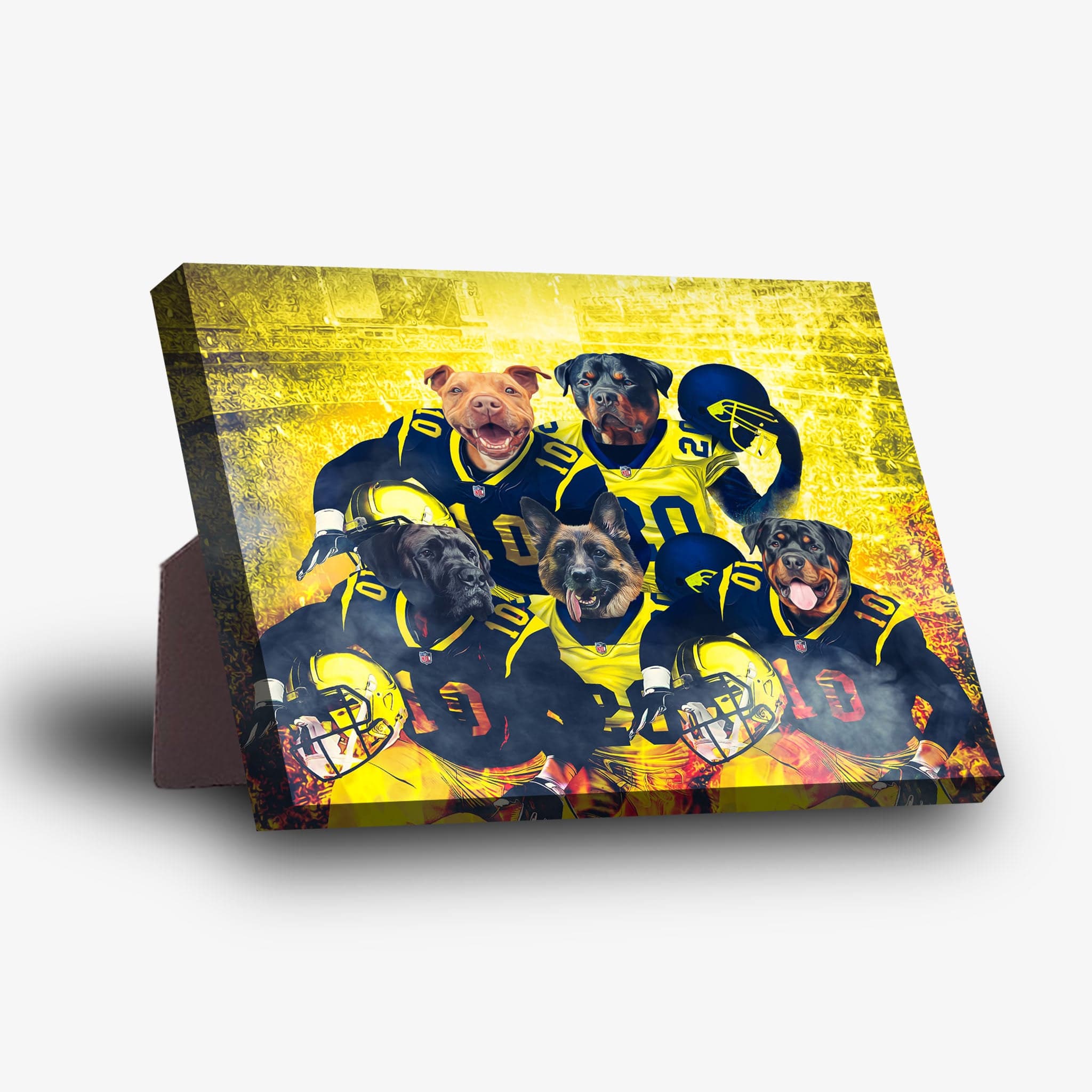 Personalized 'Michigan Doggos' standing canvas featuring five pets as football players in yellow and blue uniforms.