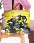 Personalized 5-pet dog portrait tote bag with dogs in football uniforms.