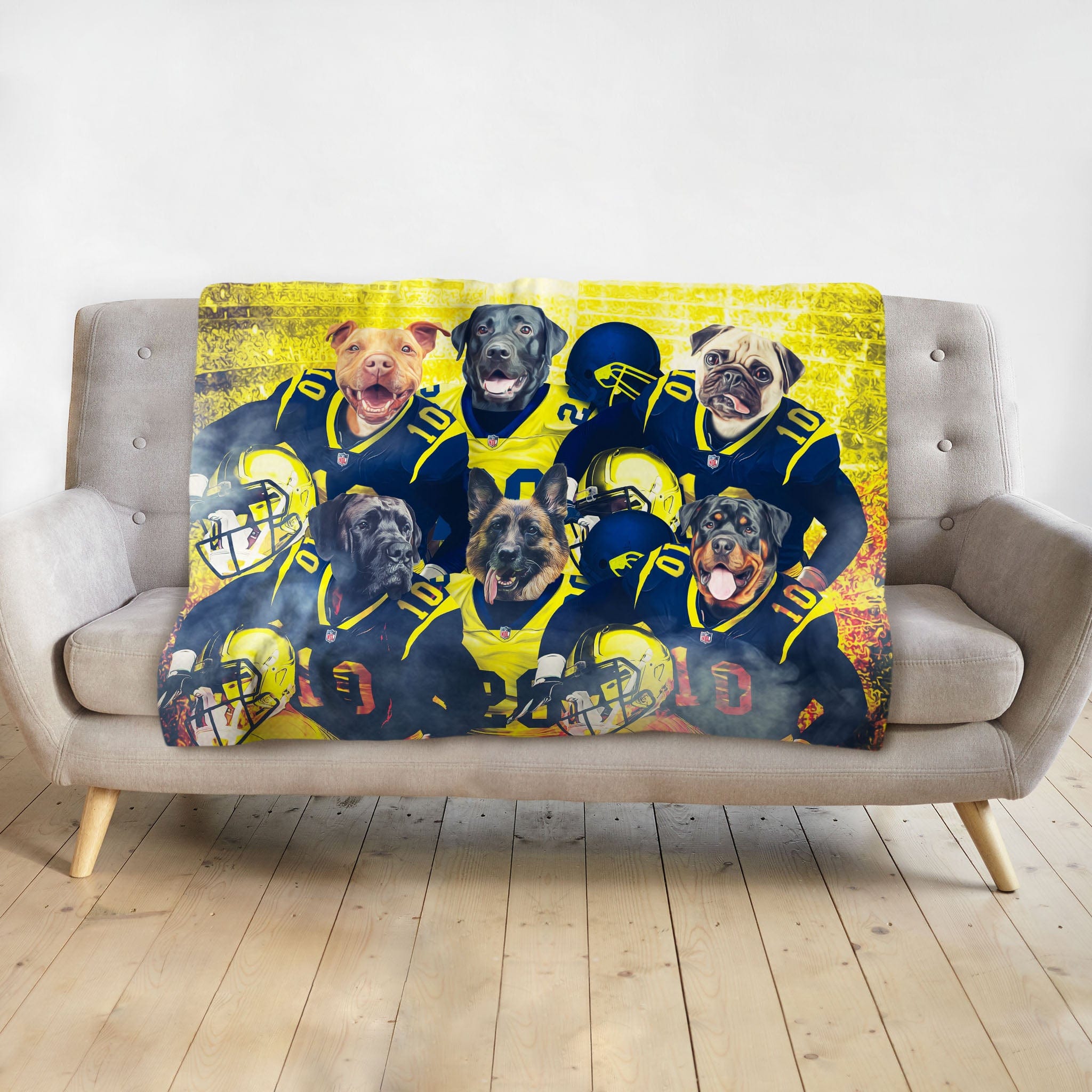 Personalized 6-pet blanket with dogs in football uniforms against a yellow grunge background.