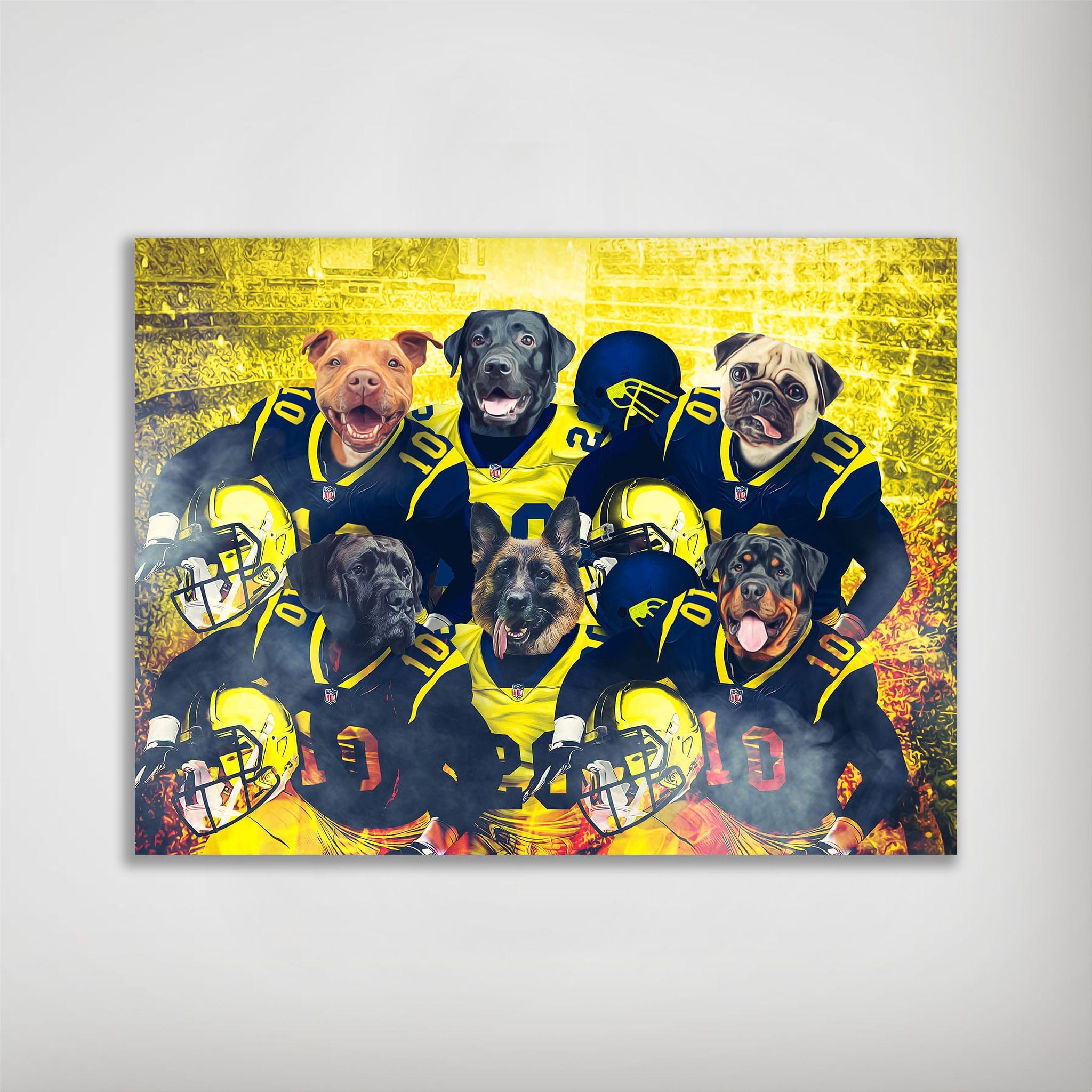 Personalized 'Michigan Doggos' poster featuring six pets as football players in blue and yellow uniforms.