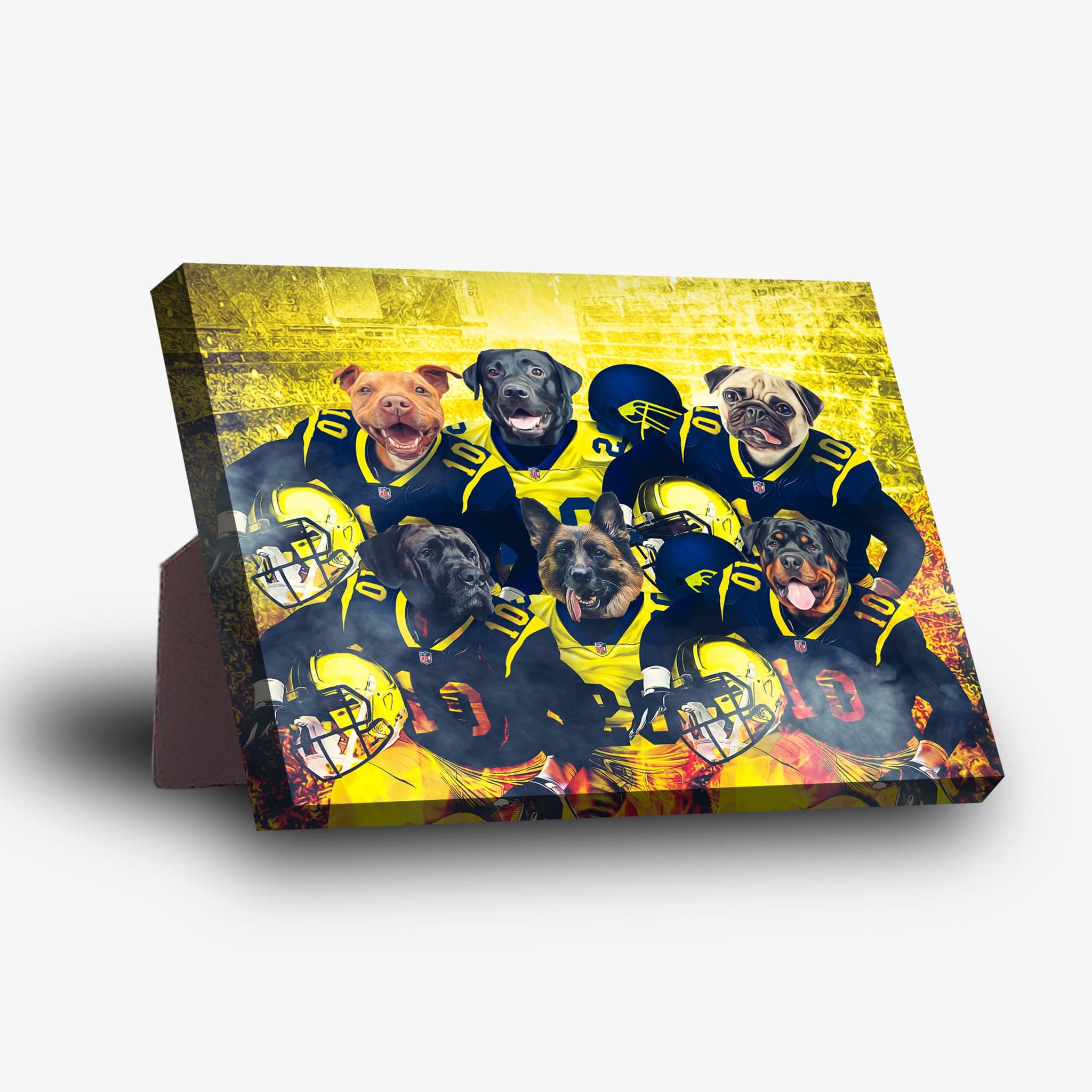 Personalized 'Michigan Doggos' standing canvas featuring six pets in blue and yellow football uniforms.
