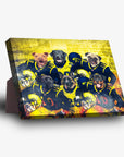 Personalized 'Michigan Doggos' standing canvas featuring six pets in blue and yellow football uniforms.