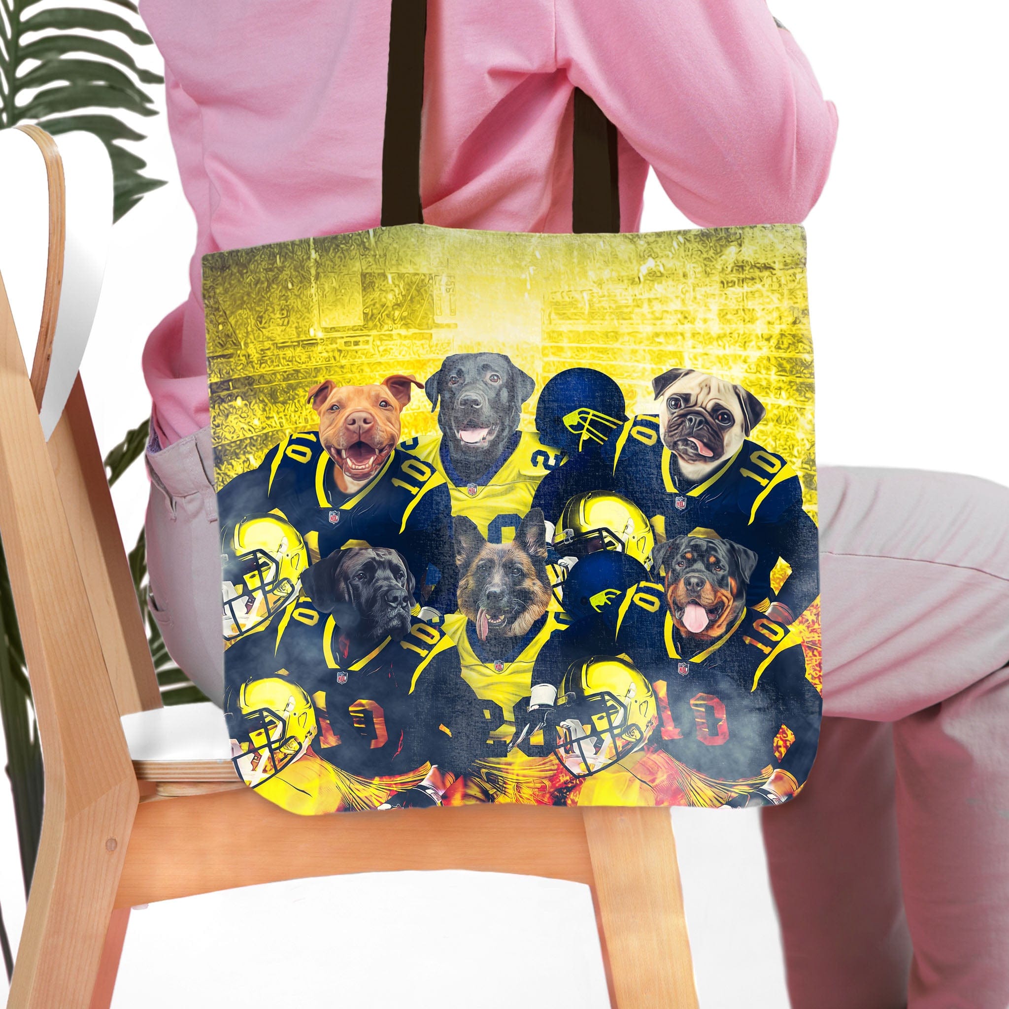 Personalized tote bag with six dog portraits in football uniforms on a yellow background.