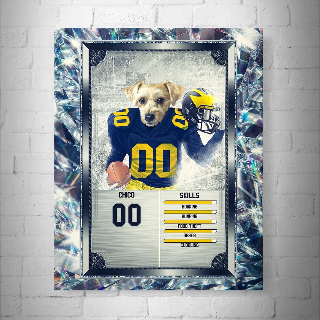 Personalized 8x10" matte poster featuring a terrier dog in a blue and yellow football jersey, holding a helmet and football, designed as a trading card with "Michigan Doggos" theme.