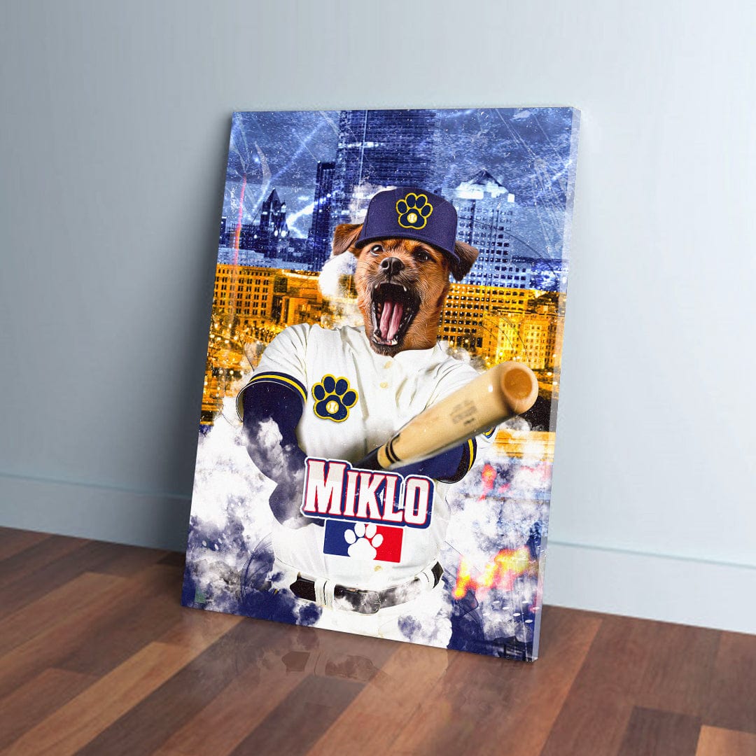 Personalized pet canvas featuring a dog in a baseball uniform with "Miklo" and a paw print logo.