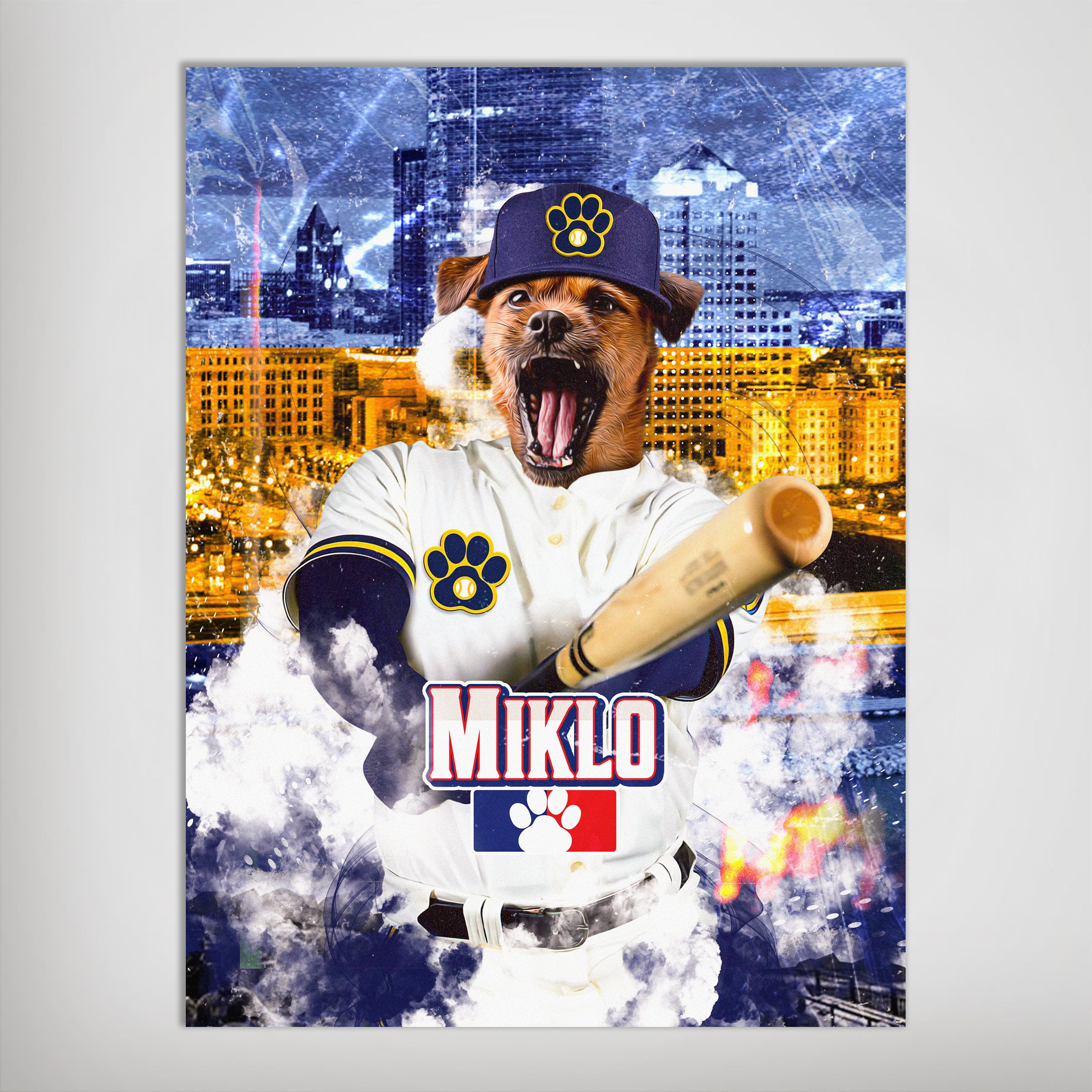Personalized pet poster featuring a dog in a baseball uniform with a bat, against a Milwaukee skyline.