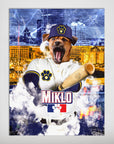 Personalized pet poster featuring a dog in a baseball uniform with a bat, against a Milwaukee skyline.