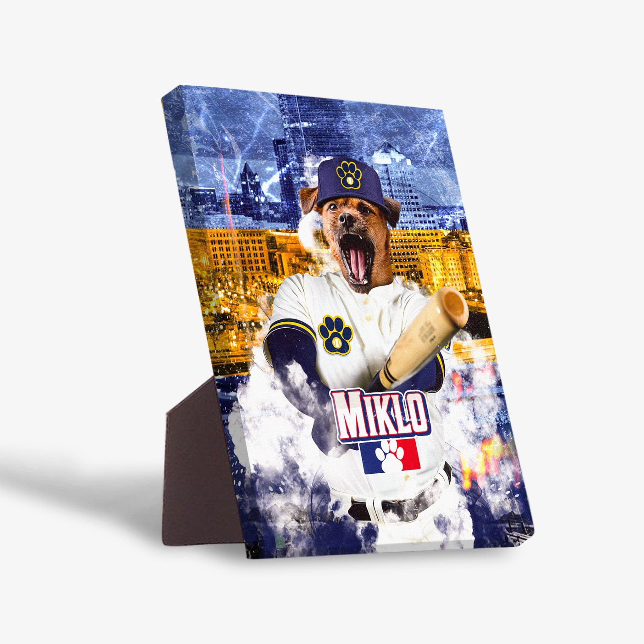 Personalized pet canvas featuring a dog in a baseball uniform with a bat, against a Milwaukee skyline.