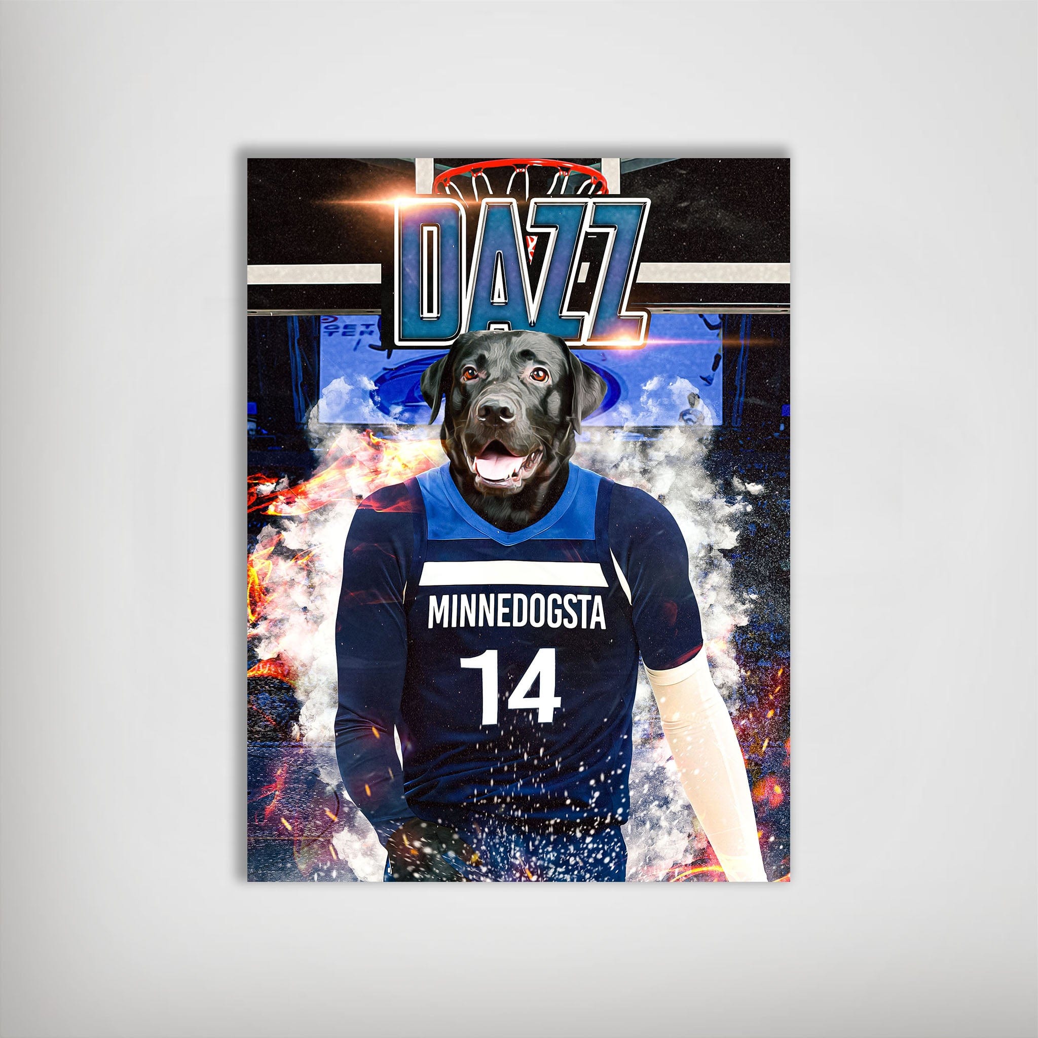 Personalized Minnedogsta Timberdogs poster featuring a black dog in a blue basketball jersey with "DAZZ" and a hoop.