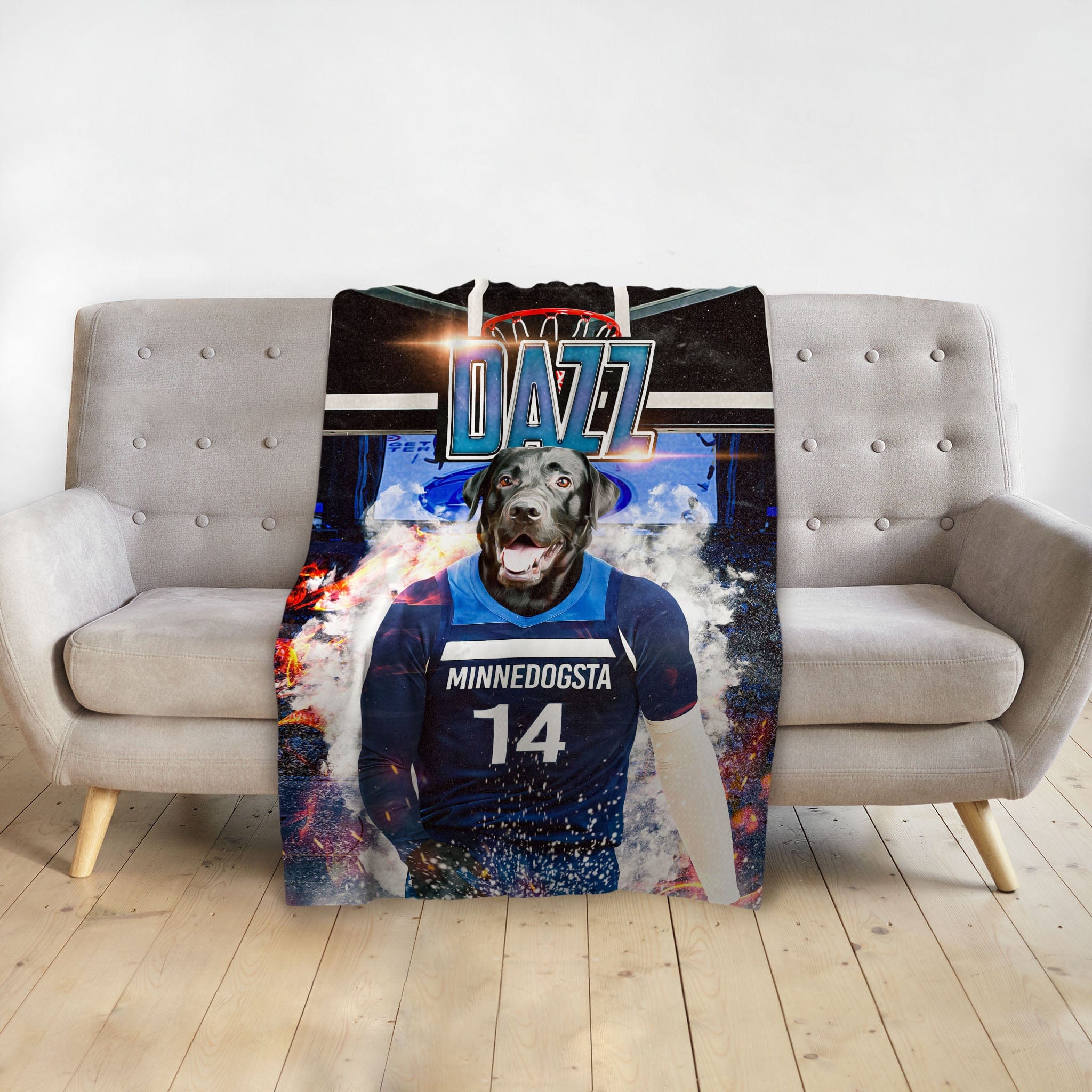 Personalized minky pet blanket featuring a black lab in a "Minnedogsta" basketball jersey.