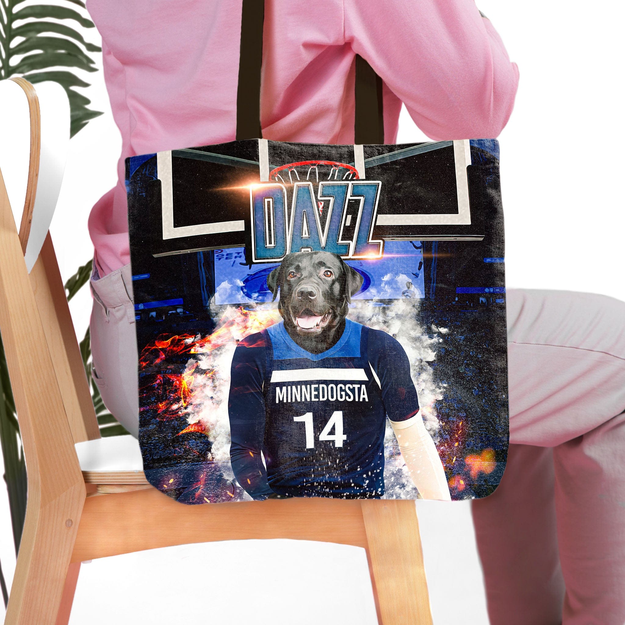 Personalized Minnedogsta Timberdogs tote bag with a black dog's portrait in a basketball jersey.