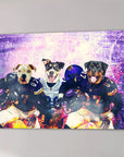 Custom canvas of three dogs in Minnesota Vikings football uniforms, purple stadium background.