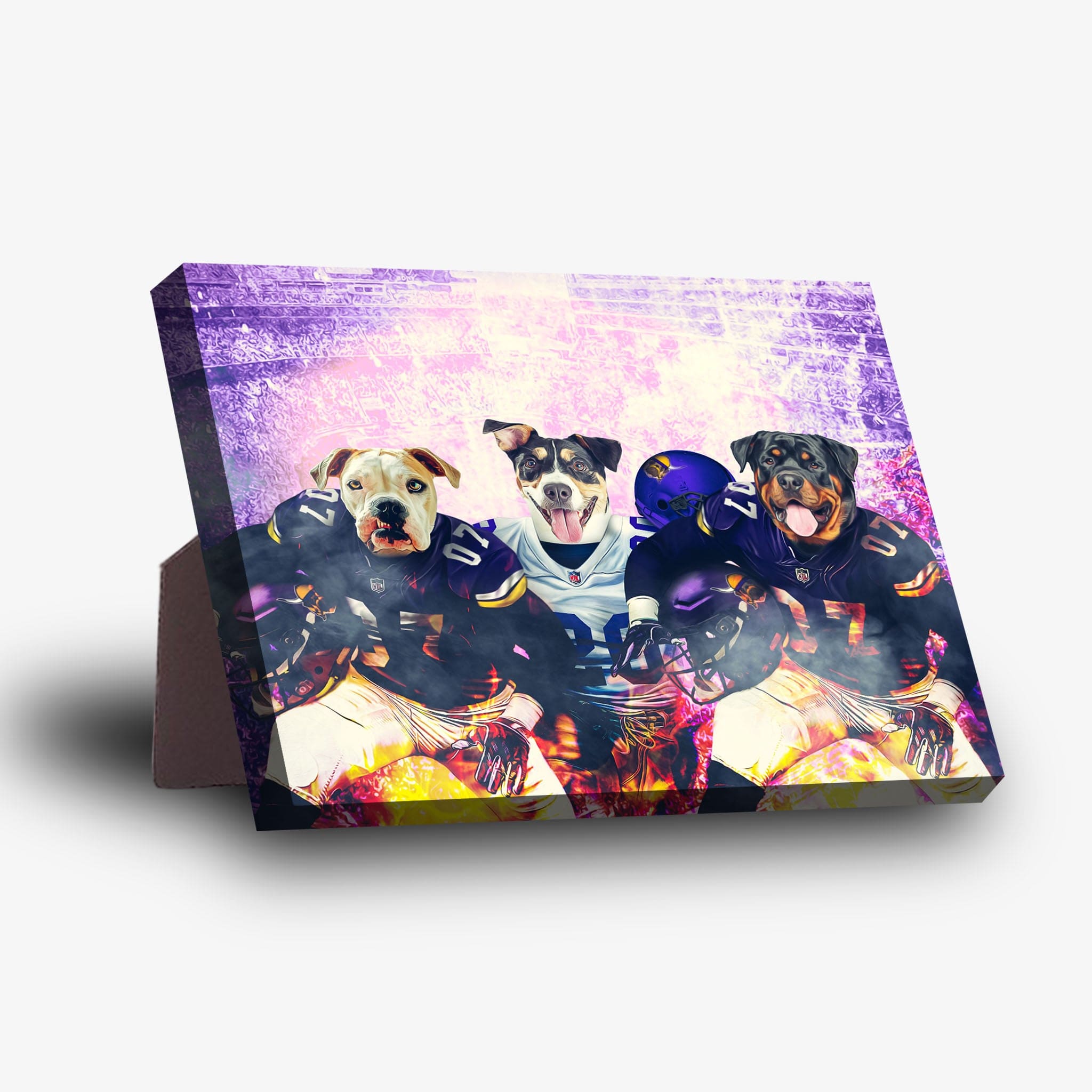 Personalized 3-pet standing canvas featuring dogs in purple and gold football jerseys.