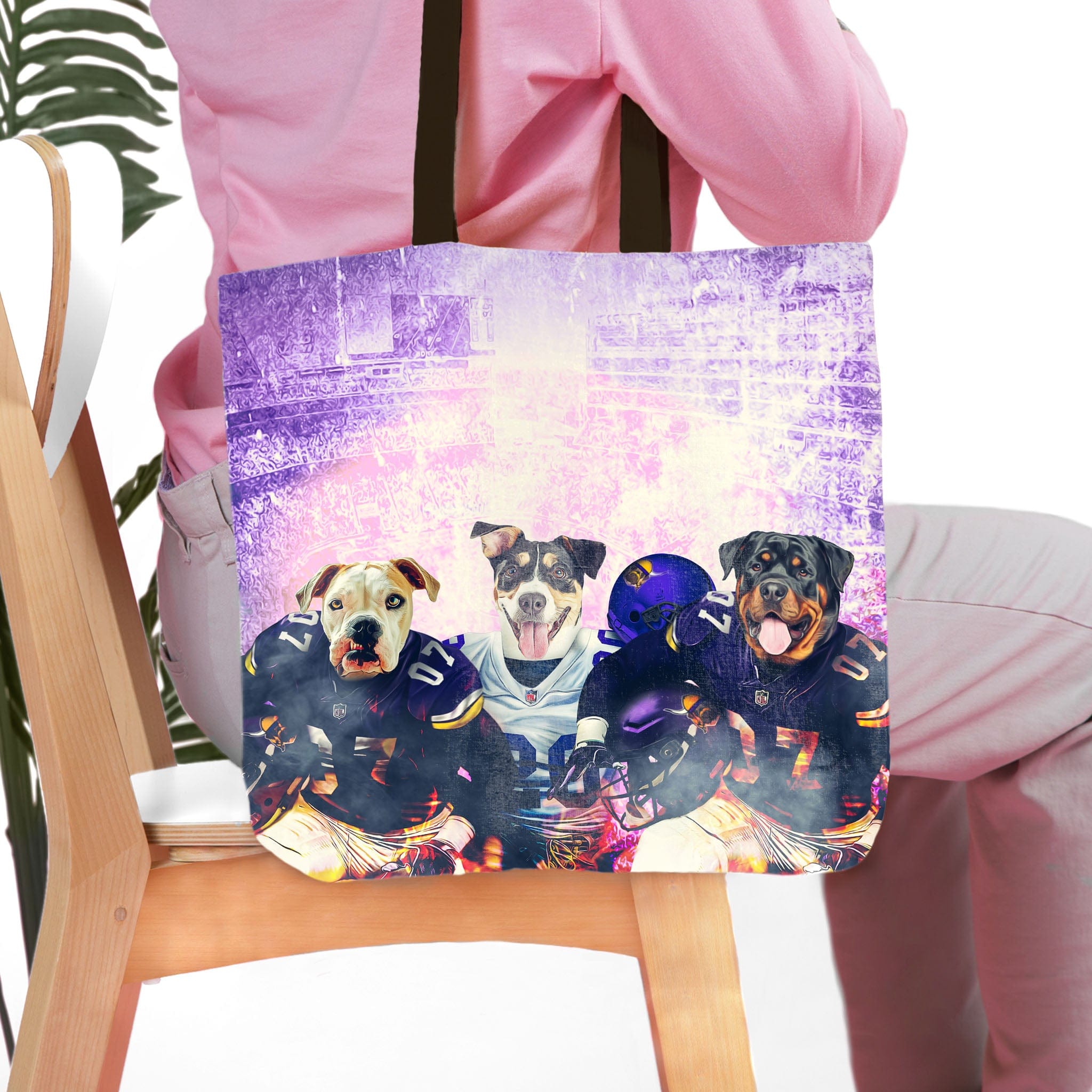 Personalized 3-pet tote bag featuring dogs in football uniforms against a purple stadium background.