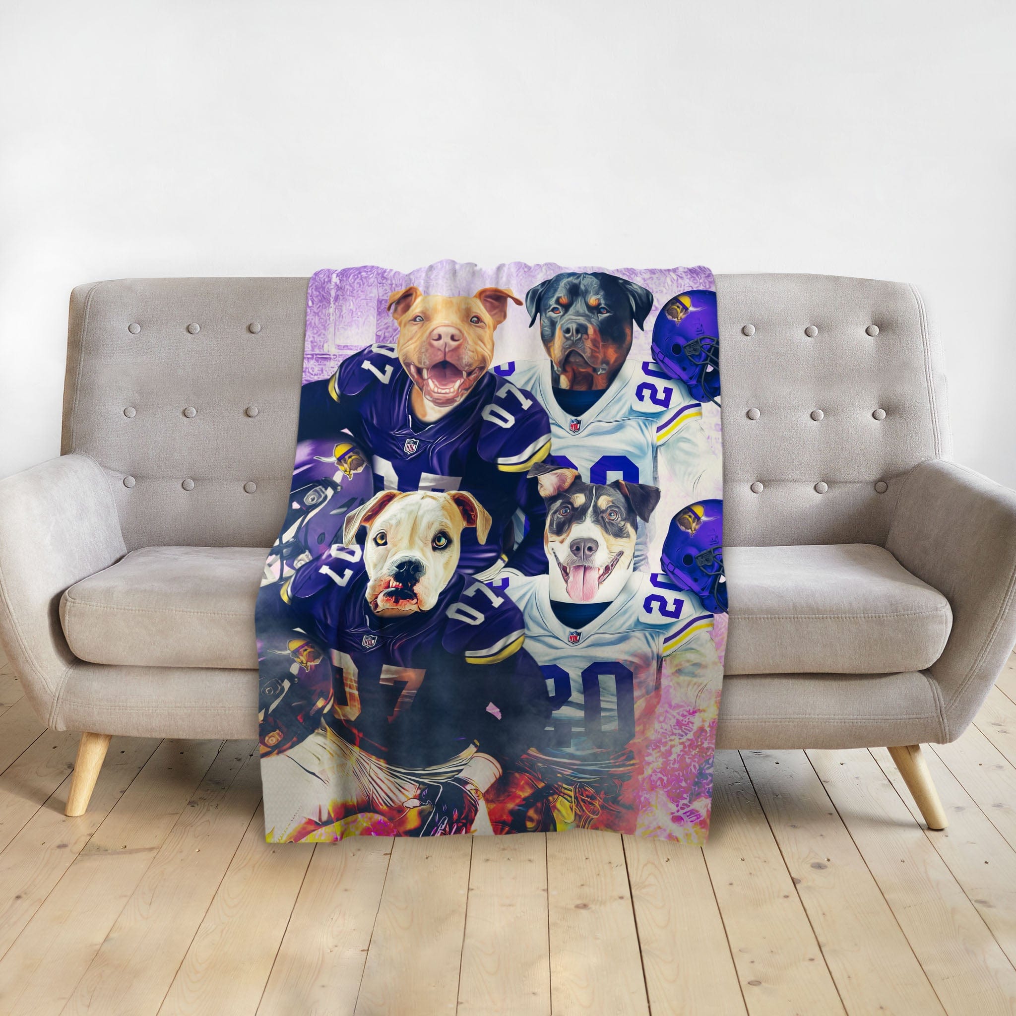 Personalized 4-pet blanket with dogs in Minnesota Vikings football jerseys.