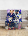 Personalized 4-pet blanket with dogs in Minnesota Vikings football jerseys.