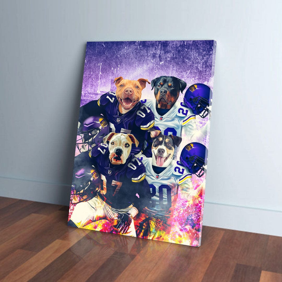 Personalized 'Minnesota Doggos' 4 pet canvas featuring dogs in purple and white football jerseys.