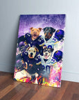 Personalized 'Minnesota Doggos' 4 pet canvas featuring dogs in purple and white football jerseys.