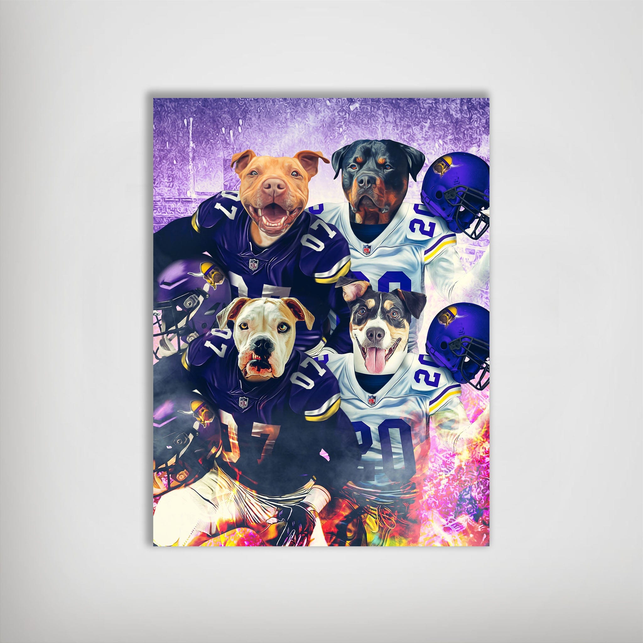 Personalized poster featuring four dogs in purple and white football jerseys and helmets.