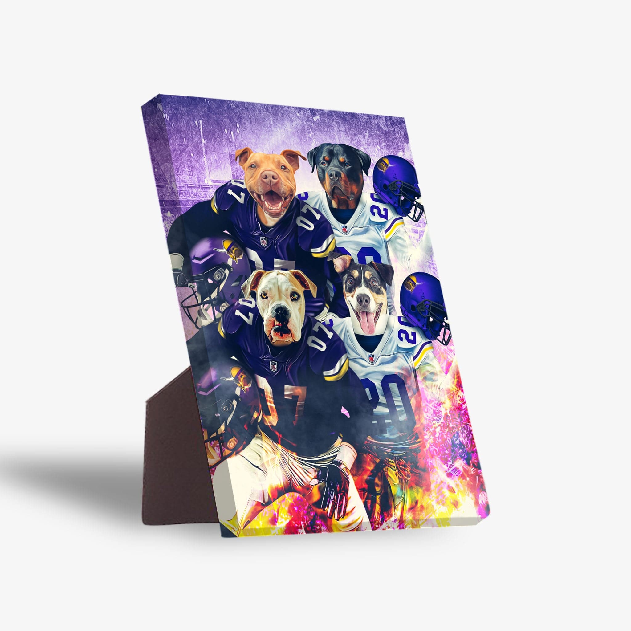 Personalized 4-pet standing canvas featuring dogs in purple football jerseys with helmets, against a vibrant background.