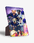Personalized 4-pet standing canvas featuring dogs in purple football jerseys with helmets, against a vibrant background.