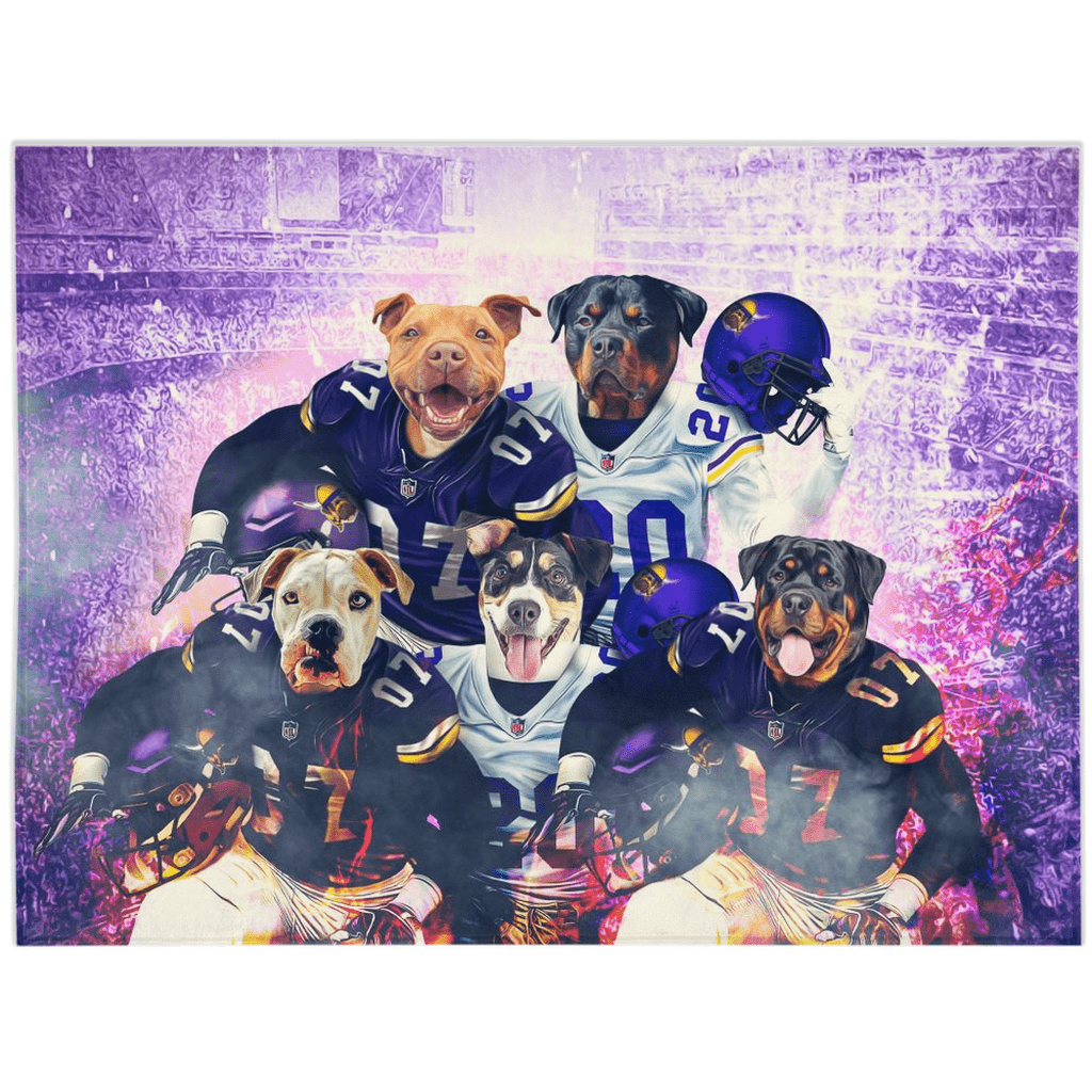 Custom personalized blanket with five dogs in purple and white football jerseys.