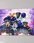 Custom canvas print of five dogs in Minnesota Vikings football uniforms on a purple stadium background.