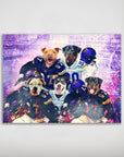 Personalized poster featuring five dogs in Minnesota Vikings football uniforms against a purple stadium backdrop.