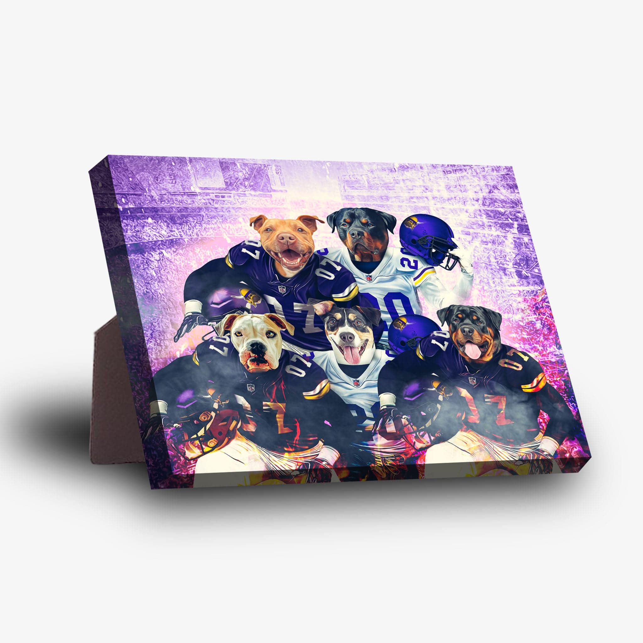 Personalized 5-pet standing canvas featuring dogs in purple and white football jerseys.