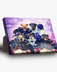 Personalized 5-pet standing canvas featuring dogs in purple and white football jerseys.