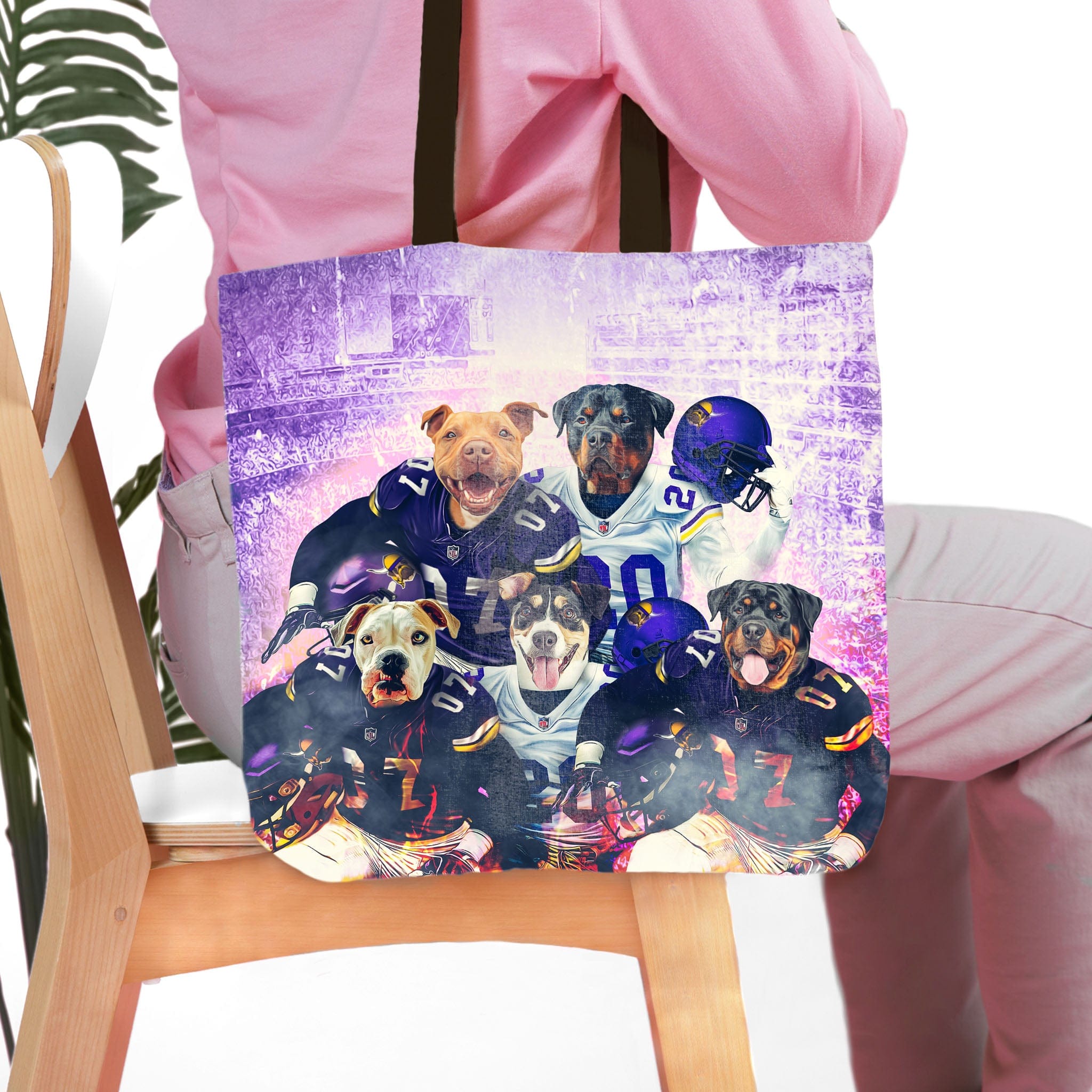 Personalized tote bag featuring five dogs in Minnesota football uniforms.