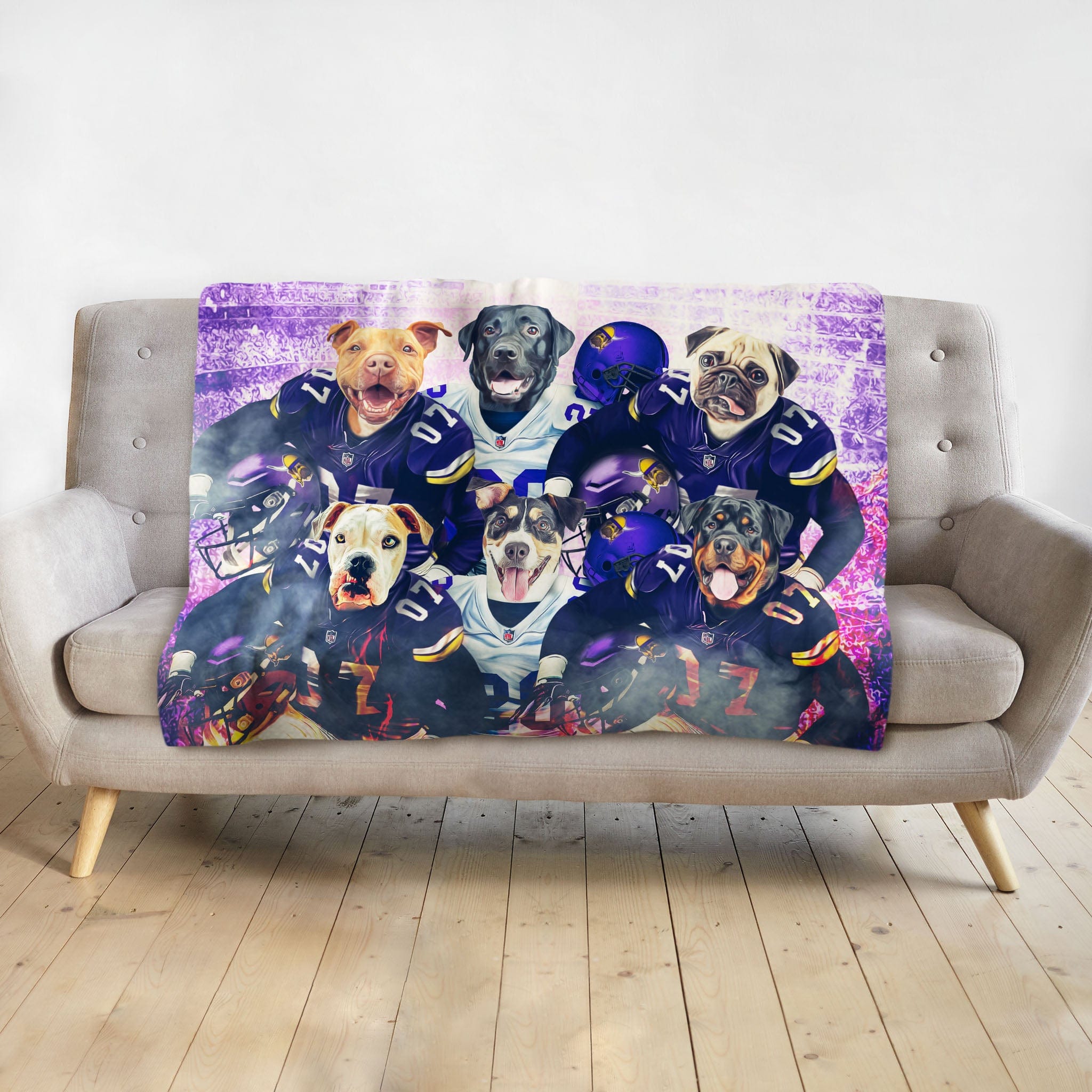 Personalized Minnesota Doggos blanket with six custom pet portraits in football uniforms.