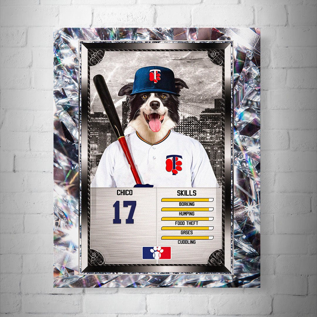 Personalized 8x10" matte baseball trading card poster featuring a Border Collie in a Minnesota Twins uniform.