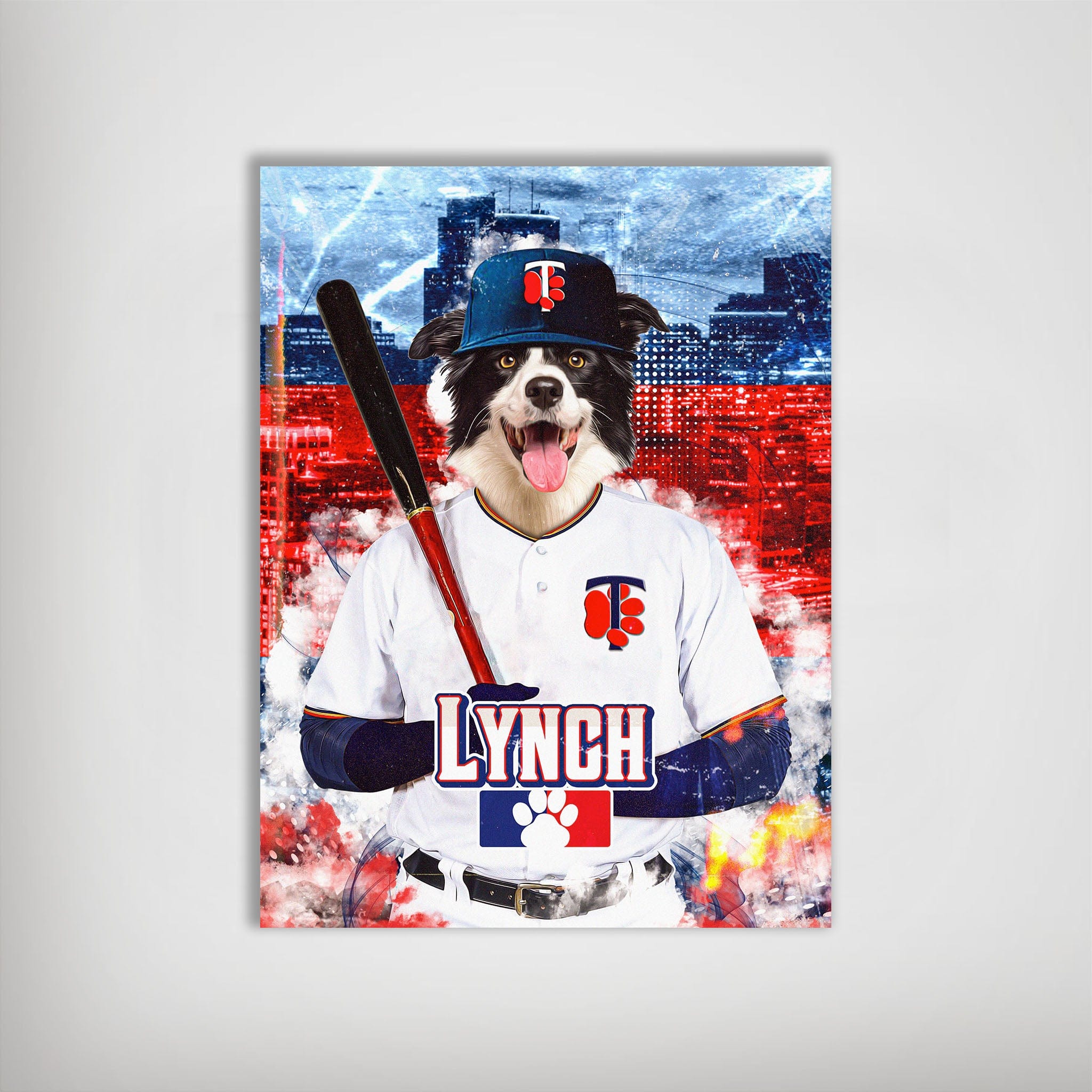 Personalized pet poster featuring a Border Collie in a Minnesota Twins baseball uniform, holding a bat.