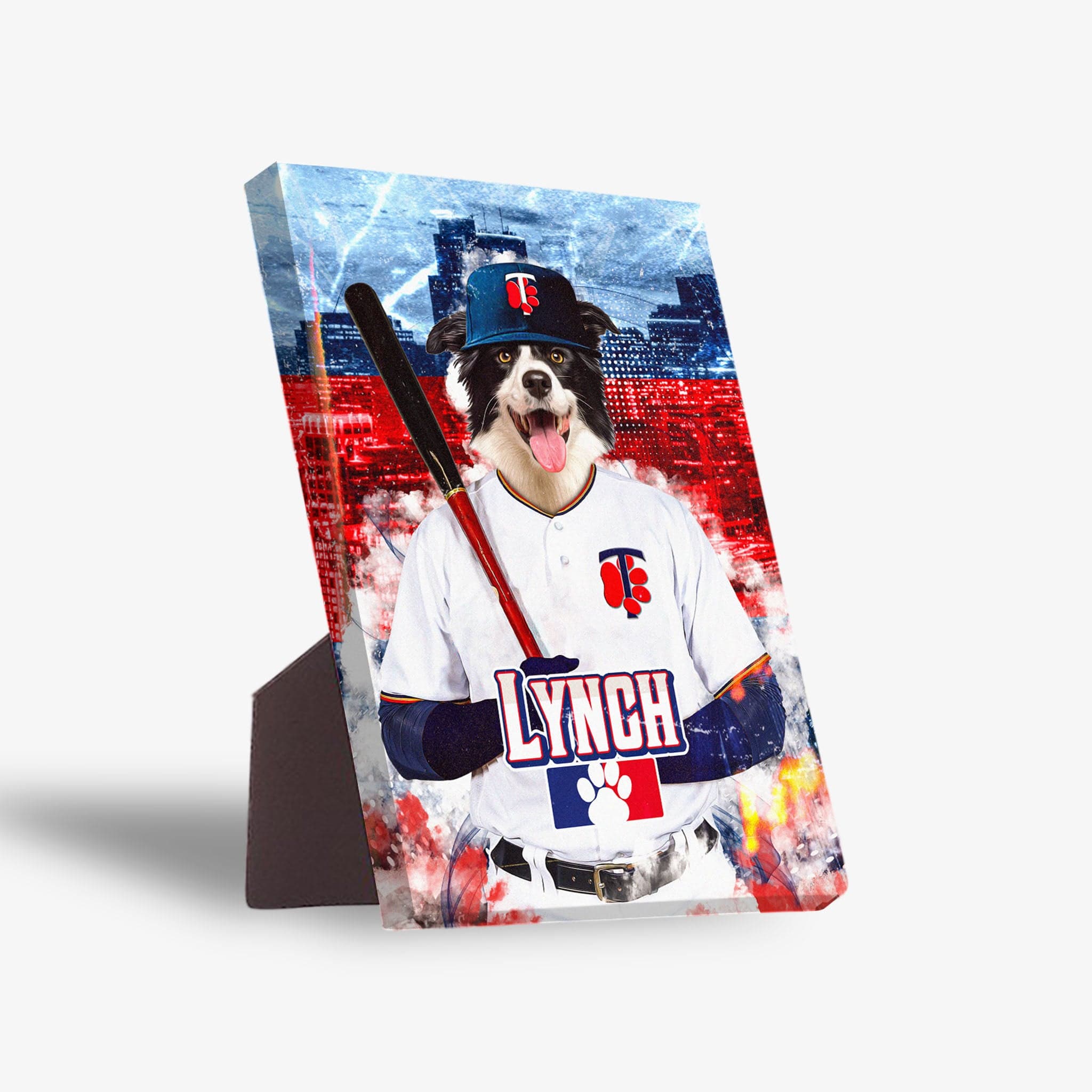 Personalized pet portrait canvas featuring a Border Collie in a Minnesota Twins baseball uniform, holding a bat.