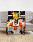 Personalized pet blanket featuring a dog in a custom basketball jersey with "NEWBARK 12" and "NATE.