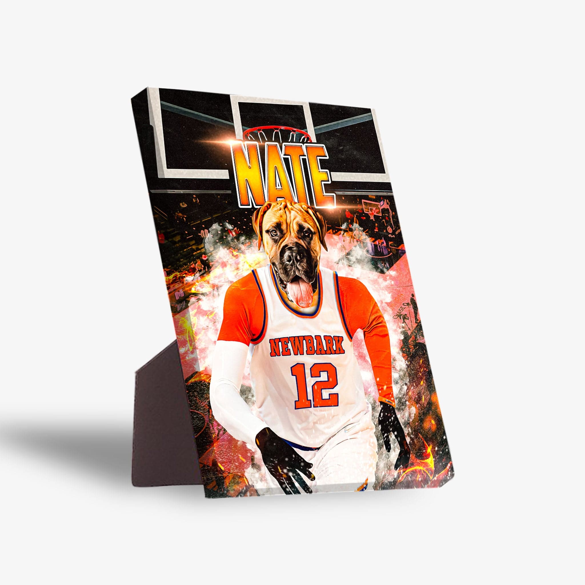 Personalized pet standing canvas featuring a dog in a white and orange basketball jersey with "NEWBARK 12" and "NATE" above.