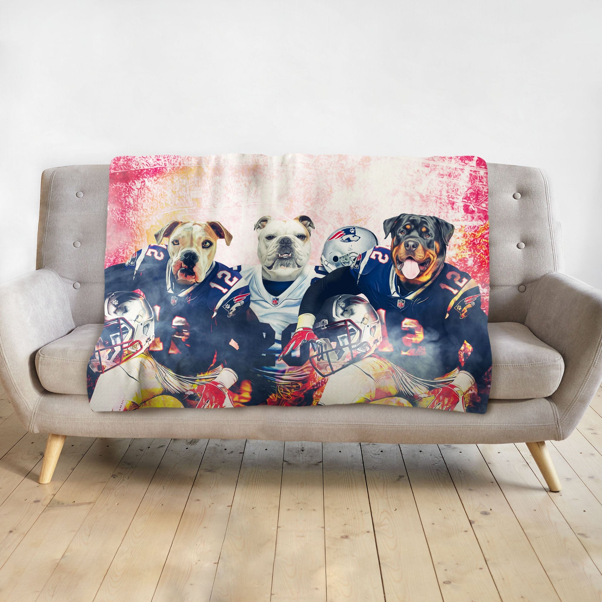 Personalized 3-pet blanket featuring dogs in football uniforms with a red and white watercolor background.