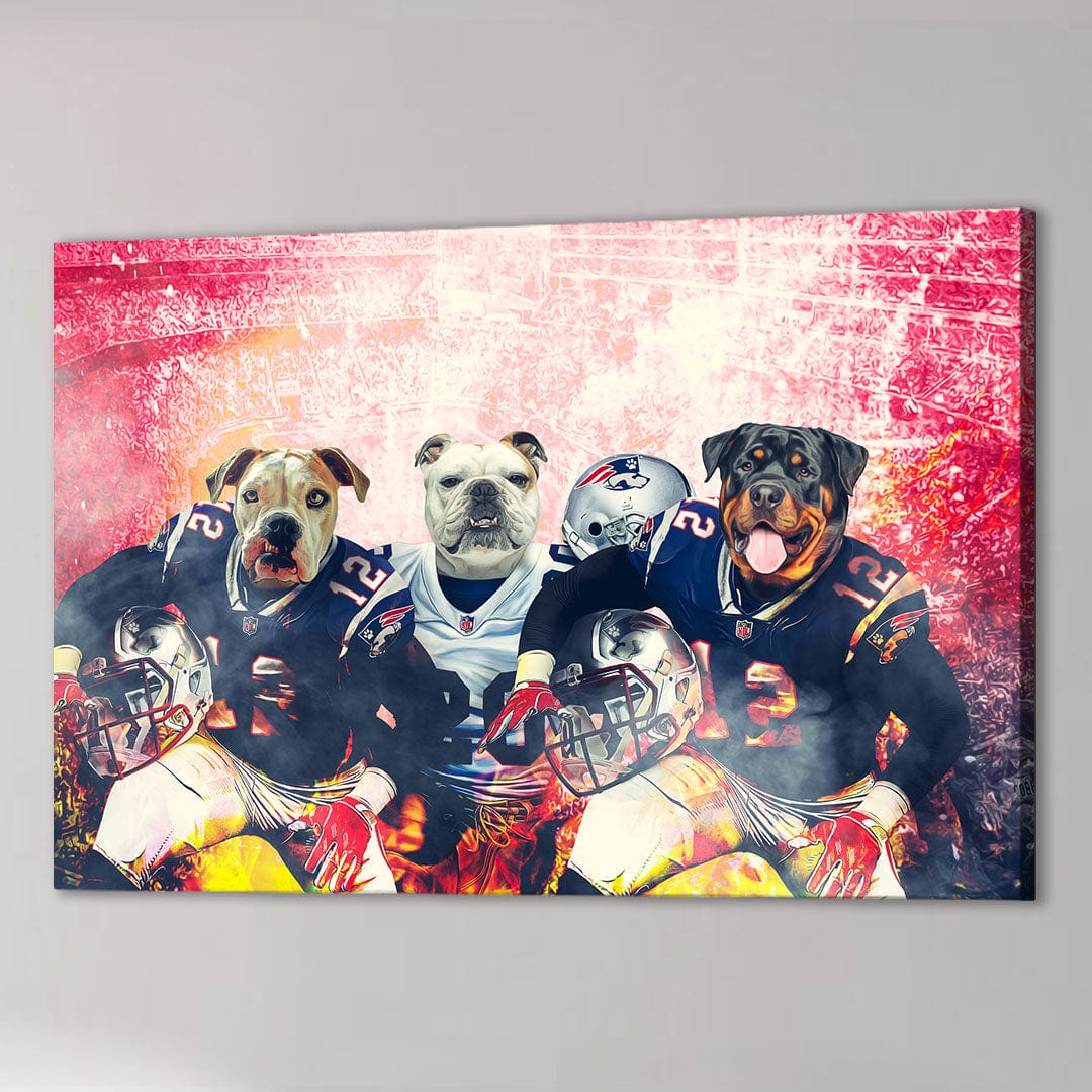 Personalized 3-pet canvas featuring dogs in New England Patriots football uniforms against a stadium backdrop.