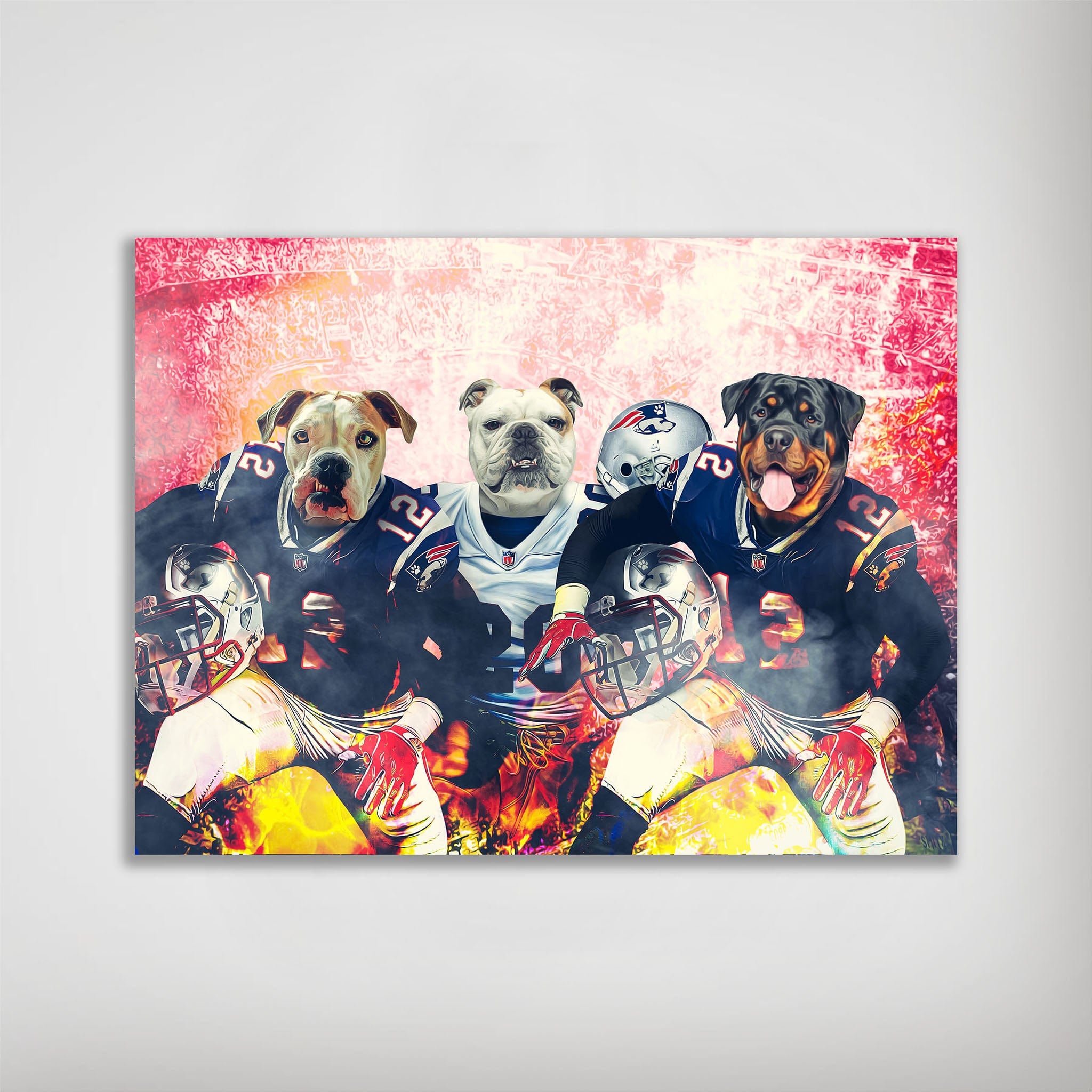 Custom 3-pet poster featuring a bulldog, pitbull, and rottweiler in New England Patriots football uniforms.