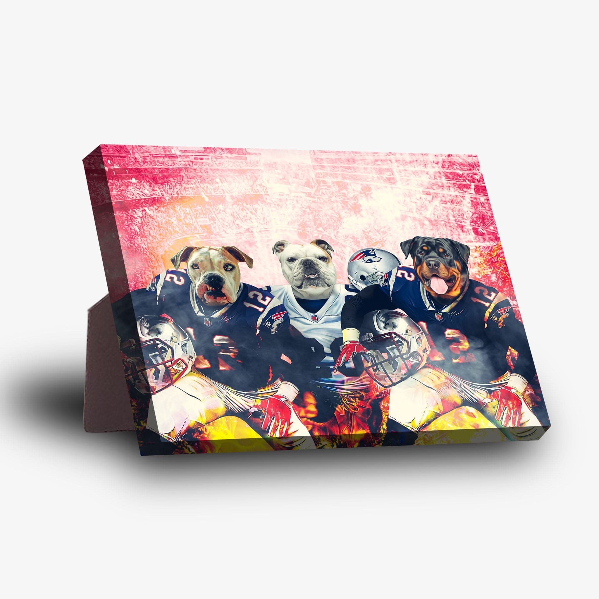 Personalized 3 pet standing canvas featuring dogs in New England Patriots football uniforms with a red stadium background.