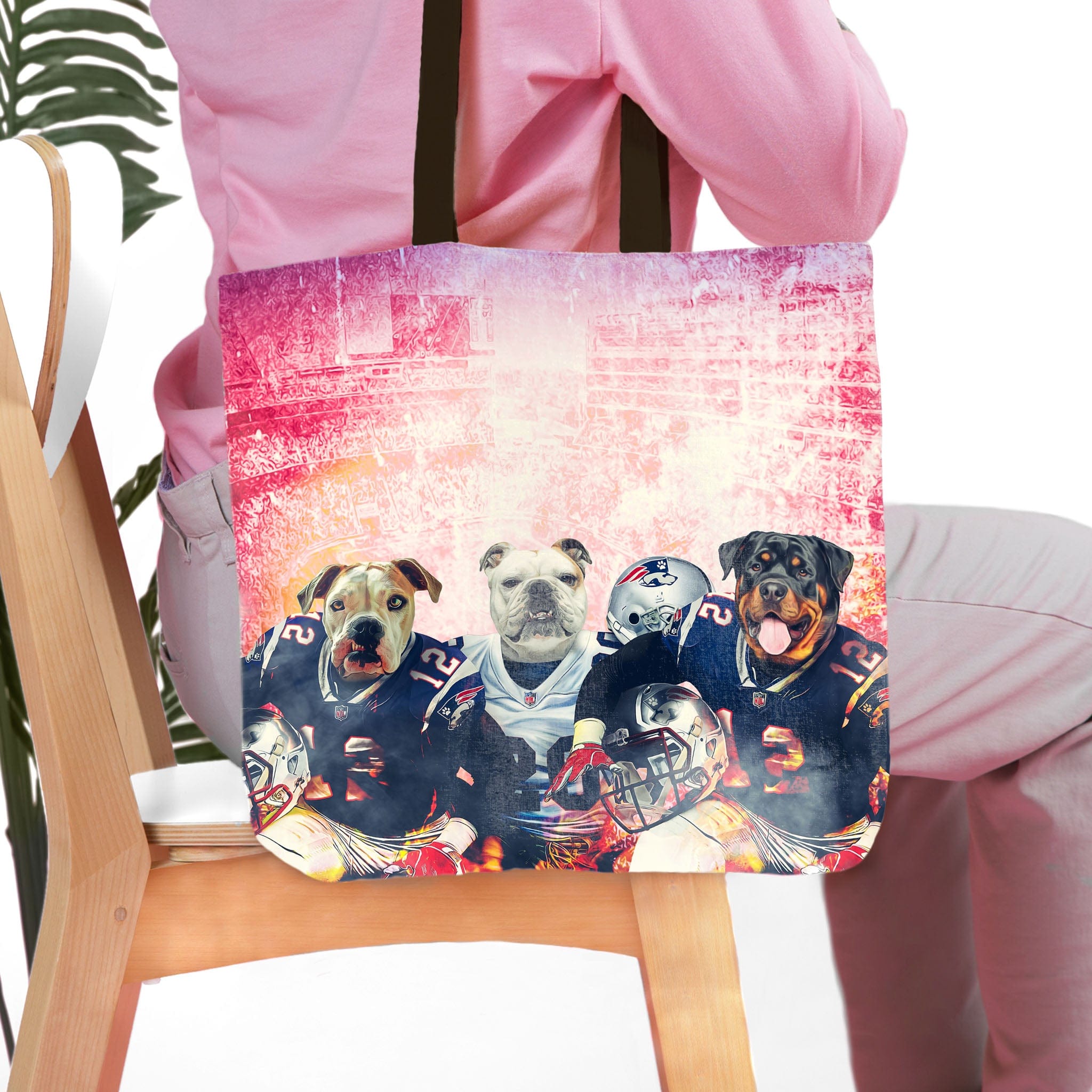 Personalized 3-pet tote bag with dogs in New England Patriots football uniforms.