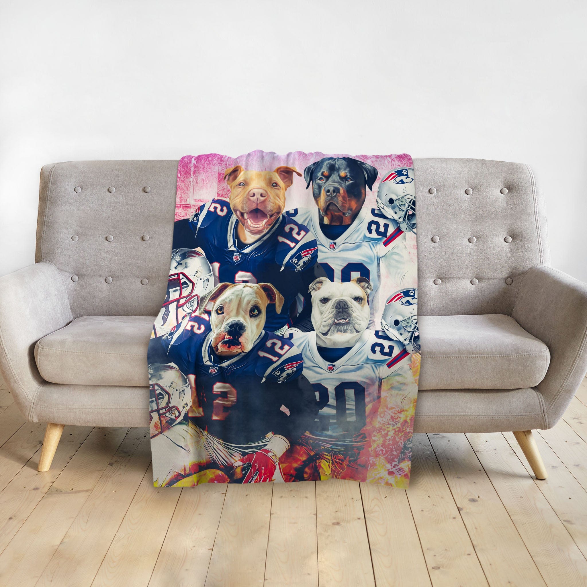 Personalized New England Doggos blanket with four pets in football uniforms.