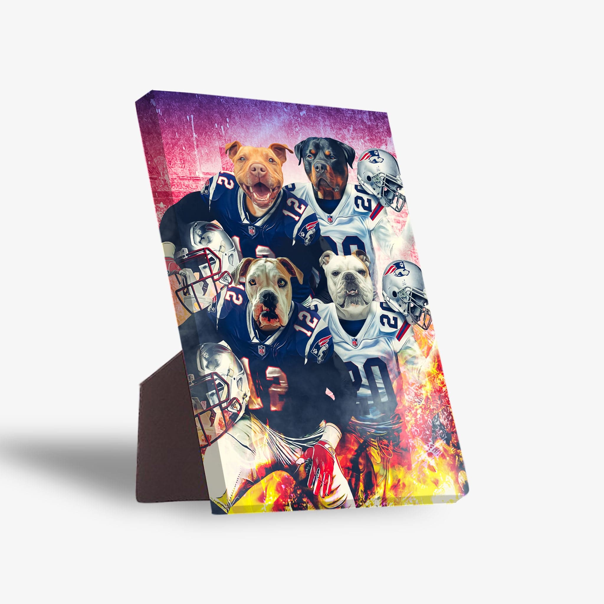 Personalized 4-pet standing canvas featuring dogs in New England Patriots football uniforms with a fiery background.